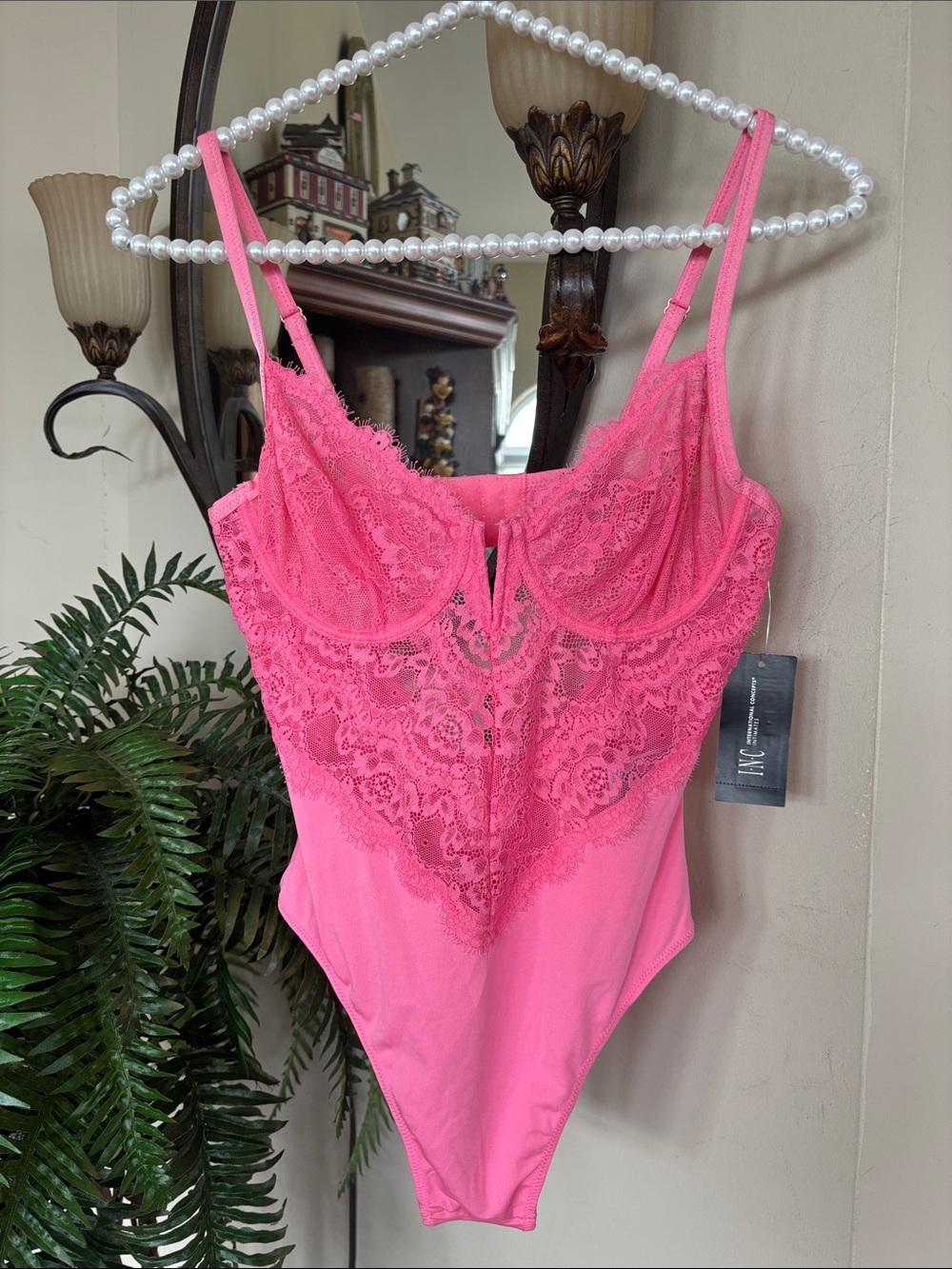 NWT INC International Concepts Intimates Pink Lace Underwire Cups Thong Bodysuit